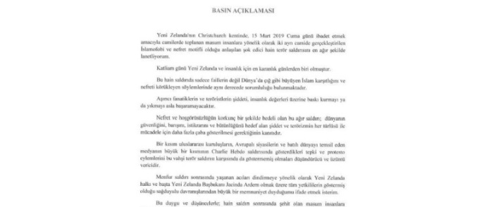 Yeni Zelanda’ da meydana gelen terör saldırısı ile ilgili Sayın Mehmet AKARCA’ nın basın açıklaması