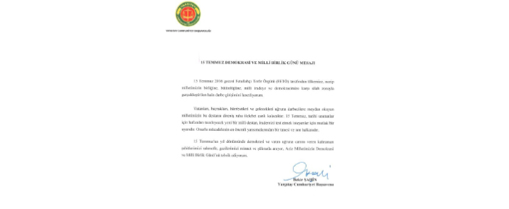 15 Temmuz Demokrasi ve Milli Birlik Mesajı