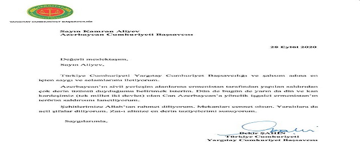 Azerbaycan Cumhuriyeti Başsavcısı Sayın Kamran Aliyev'e Başsağlığı Mesajı