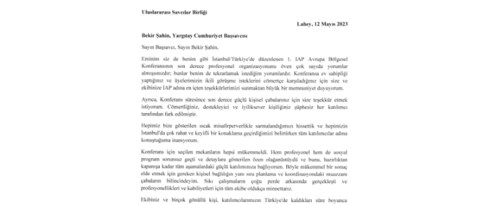 Uluslararası Savcılar Birliği Genel Sekreteri Sayın Han Moraal Tarafından Yargıtay Cumhuriyet Başsavcısı Sayın Bekir Şahin’e Gönderilen Teşekkür Mektubu
